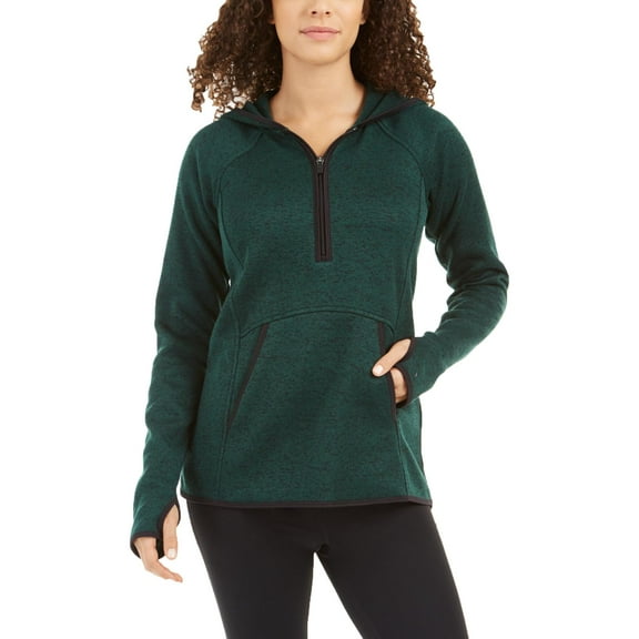 Ideology Women's Marled 1/4 Zip Hooded Sweater Green Size Small