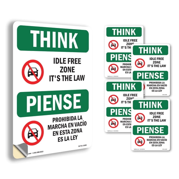 Idle Free Zone It's The Law Bilingual OSHA Think Vinyl Decal Label 5 Inch x 3.5 Inch - 5 Pack