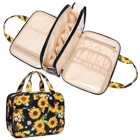 Idle Hippo Toiletry Bag, Extra Large Water-resistant with Double Side Full Open Design, Portable Makeup Organizer Stand Up Cosmetic Bag - Sunflower
