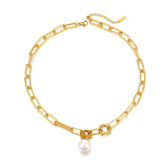 Idokawa Paper Clip Thick Chain Necklace Pearl Pendant Cool Girl Gift