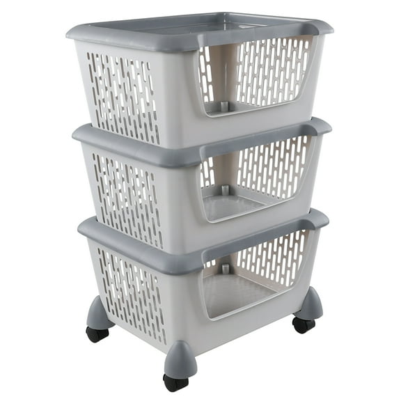 Idomy 3-Pack Plastic Stackable Storage Basket with Wheels, Gray