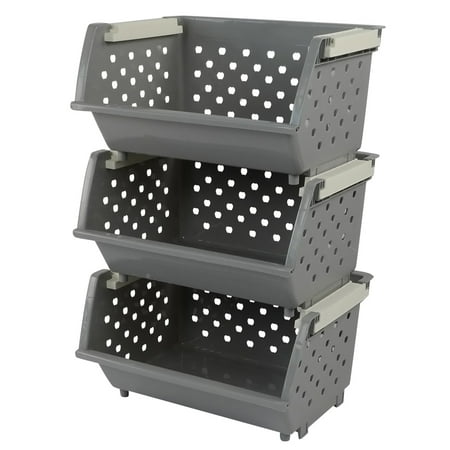 Idomy 3-Pack Plastic Stacking Storage Basket for Kitchen, Gray