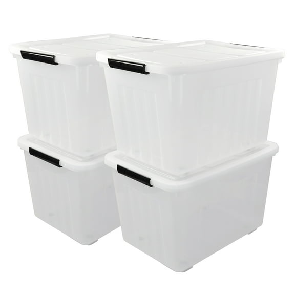 Idomy 4-Pack  70 L Large Clear Storage Boxes, Plastic Latching Boxes with Wheels