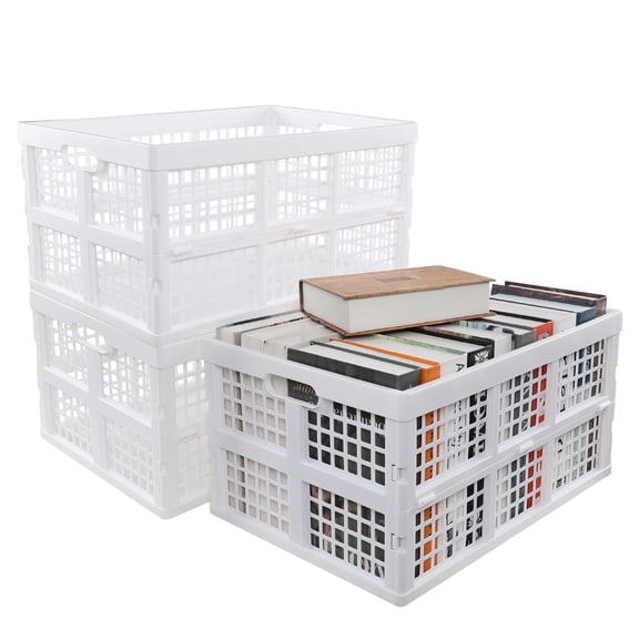 Idomy 42 L Plastic Folding Storage Crates, 3-Pack Stacking Collapsible Basket, White
