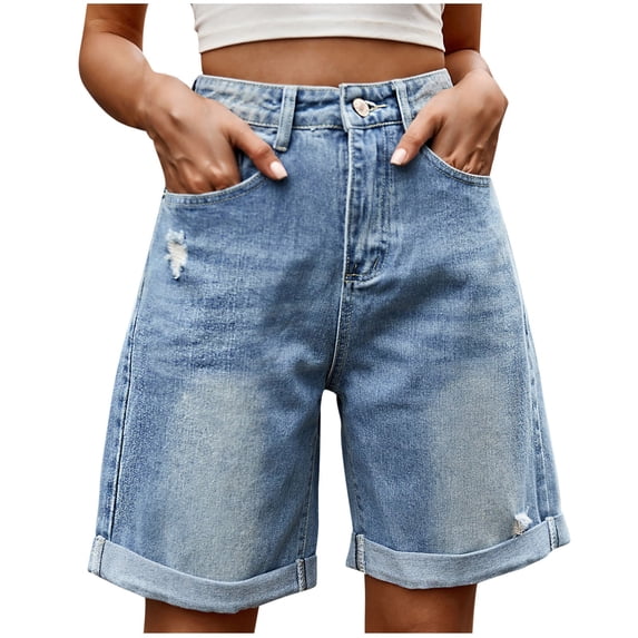 Idoravan Summer,Jean Shorts for Women Trendy Women Casual Waist Fashion Solid Pocket Jeans Half Shorts