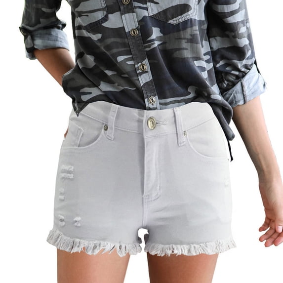 Idoravan Summer,Jean Shorts for Women Trendy Women's Stretchy Denim High-Waist Shorts Frayed Ripped Shorts With Pockets Pants