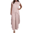 thumbnail image 1 of Idoravan 2 Piece Linen Sets for Women Summer Women's Spring and Summer Solid-Color Round-Neck Short-Sleeved Pleated Top and Straight-Leg Pants Casual Set Ruched Elastic Waist Pants Ruched Shirts, 1 of 8