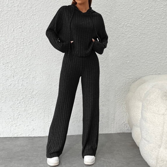 Idoravan 2 Piece Outfits Plus Size Lounge Sets for Women Women Fashionable Solid Color Fall and Winter Long Sleeved Comfortable Hooded Casual Pants Home Clothing Set Black S