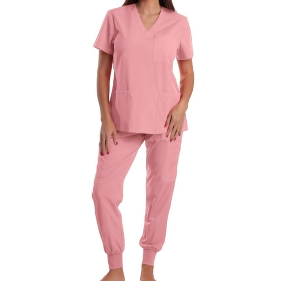 Idoravan 2 Piece Scrub Uniform Sets V-Neck Short Sleeve Comfortable Tops and Jogger Pants Workwear Set for Doctors and Nurses