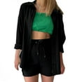 thumbnail image 1 of Idoravan 2 Piece Sets for Women Summer Women's Summer Two Piece Long Sleeve Burron Up Shirt High Waist Drawstring Large Shorts Casual Set, 1 of 5