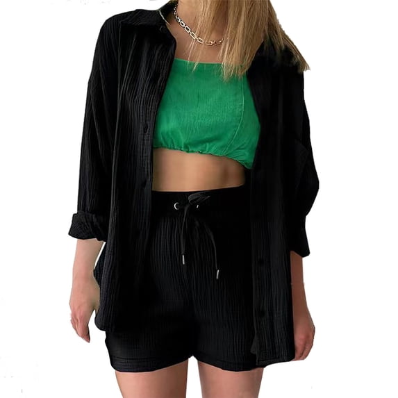 Idoravan 2 Piece Sets for Women Summer Women's Summer Two Piece Long Sleeve Burron Up Shirt High Waist Drawstring Large Shorts Casual Set