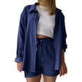 thumbnail image 1 of Idoravan 2 Piece Sets for Women Summer Women's Summer Two Piece Long Sleeve Burron Up Shirt High Waist Drawstring Large Shorts Casual Set, 1 of 5