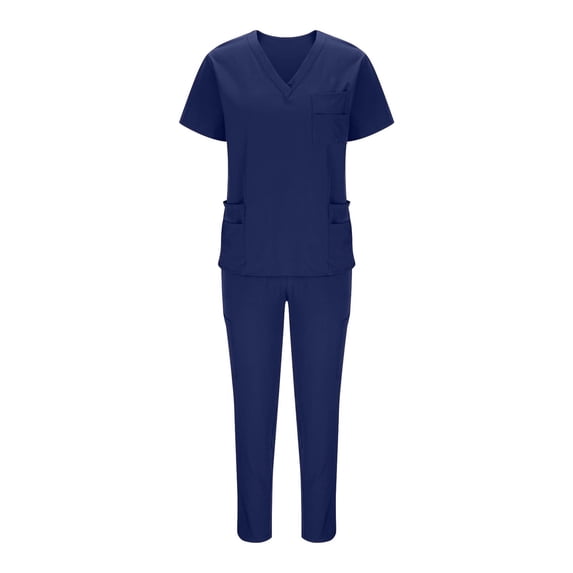 Idoravan 2 Piece Womens Scrub Uniform Sets Women Solid Color Loose Drawstring Pants Pocket Caregiver Short Sleeve V-Neck Tops Nursing Uniform Set Nurse Workwear