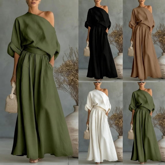 Idoravan 2 piece sets for women going out Fashion Women One Shoulder Short Sleeve And Long Pants Solid Casual 2PC Sets