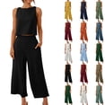 thumbnail image 1 of Idoravan Linen Sets for Women 2 Piece Pants Summer Outfits Matching Fashion Woman Round Neck Solid Sleeveless Blouse and Loose Pockets Pants Sets, 1 of 8