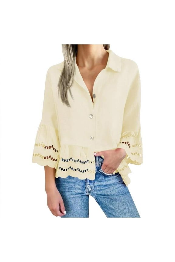 3/4 Length Sleeve Women's Shirts On Women's New Solid Color Collar With Three Quarter Sleeves And 3/4 Large Lace Trumpet Sleeves Hollowed Out Lace Shirt Top