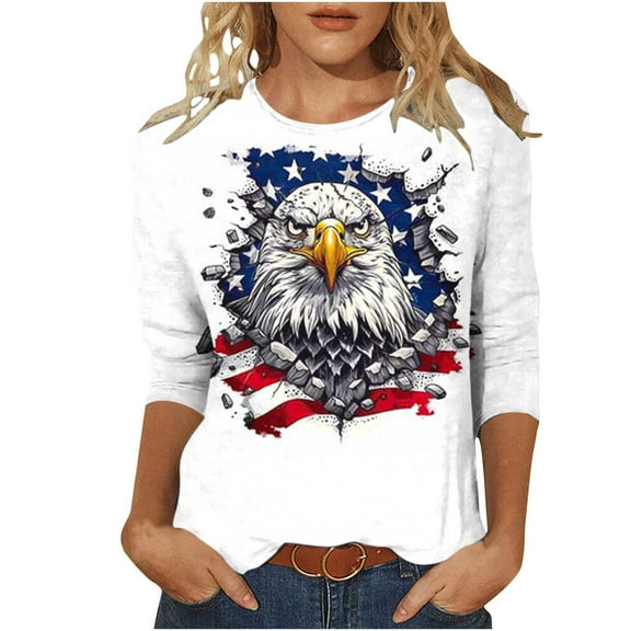Idoravan 3/4 Length Sleeve Womens Tops Independence Day Clothes Women Women's Fashion Tees Casual Crewneck 3/4 Sleeve Loose T Shirt Ladies Blouses Shirts