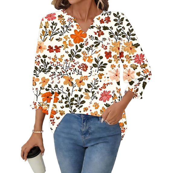 Idoravan 3/4 Length Sleeve Womens Tops Loose Fit Womens Casual Printed 3/4 Length Sleeve Smocked Cuffs