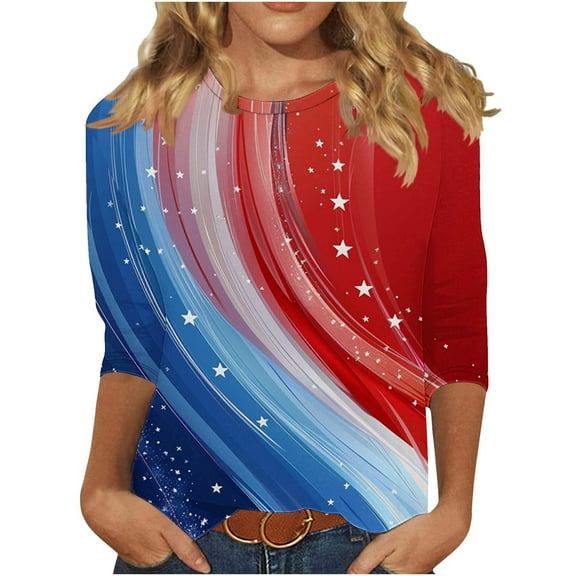 Idoravan 3/4 Length Sleeve Womens Tops Plus Size Women's New 3/4 Sleeve Round Neck Pullover Independence Day Casual Printed Top T-shirt