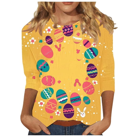 Idoravan 3/4 Length Sleeve Womens Tops Summer Ladies' Casual Easter print Round-neck Three quarter Sleeve T-shirt Top