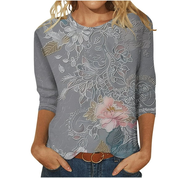 Idoravan 3/4 Sleeve T Shirts for Women Summer Women's Floral Print Round Neck Three Quarter Sleeve 3/4 Sleeve T-shirt Loose