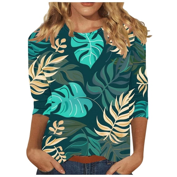Idoravan 3/4 Sleeve Tops for Women Loose Fit Fashionable Women's Pullover Printed Casual Round Neck 3/4 Sleeve