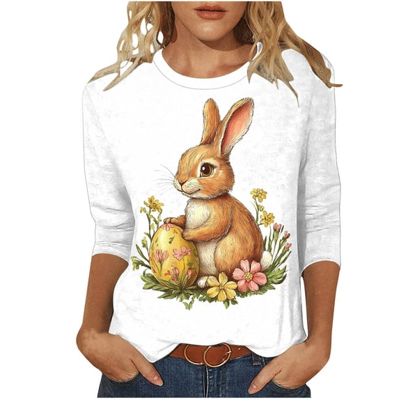 Idoravan 3/4 Sleeve Tops for Women Trendy Women's Easter Print Loose Casual Round Neck Three-Quarter Sleeve T-Shirt Pullover