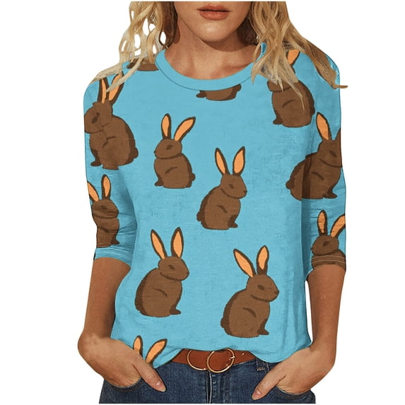 Idoravan 3/4 Sleeve Tops for Women Trendy Women's Fashion Easter Printed T-shirt 3/4 Sleeves Blouse Round Neck Casual Top