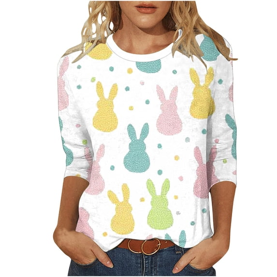 Idoravan 3/4 Sleeve Tops for Women Trendy Women's Fashion Easter Printed T-shirt 3/4 Sleeves Blouse Round Neck Casual Top