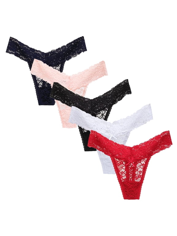 5Pc Thong Underwear Women Pack Low Rise Lace Underwear Womens Sexy Underwear Thong Women's Sexy Thong String Trousers Pack Lace Soft Lingerie Underwear Pack