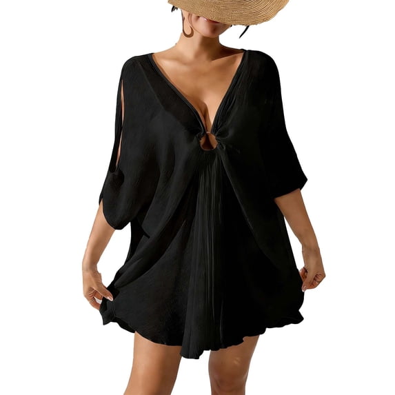 Idoravan Beach Cover Ups for Women Skirt Women Solid Color Cover Up V Neck Batwing Sleeve Plus Size Beach Dresses