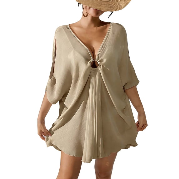 Idoravan Beach Vacation Clothes for Women Women Sheer Batwing Sleeves Beach Cover Up V Neck O Ring Tops Loose Flowy Dress Bathing Suit Cover Ups Swimwear