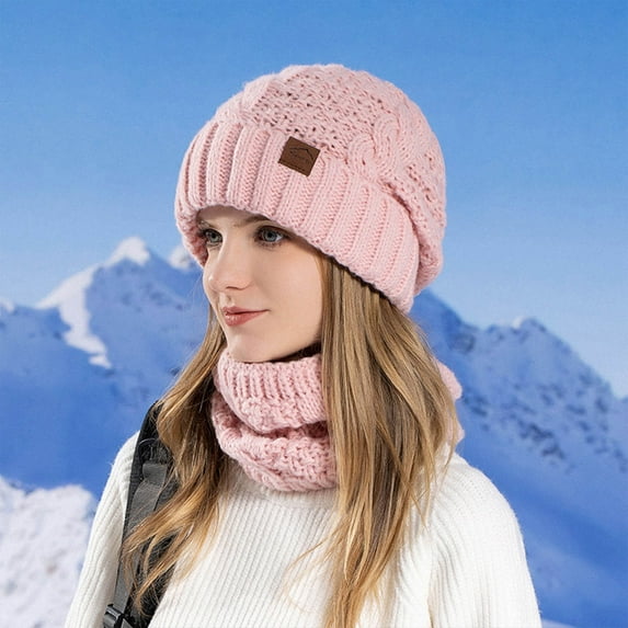 Idoravan Beanie Hats for Women Winter, Winter Solid Color Woolen Hat Thickened Warmth Ear Protection and Cold Protection Knitted Hat Neck Set Of Two Pink