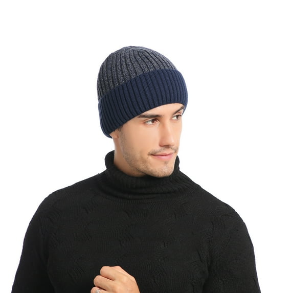Idoravan Beanie Hats for Women Winter, Double-layer Woolen Hat and Velvet Warm Mixed Color Men's Knitted Hat Navy