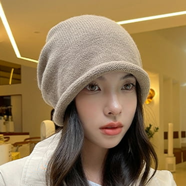 Idoravan Beanie Hats for Women Winter, Fall and Winter Women Solid Color Fashion Stacked Hat Bun Head Hat Drawstring Rolled Knit Woolen Hat Khaki