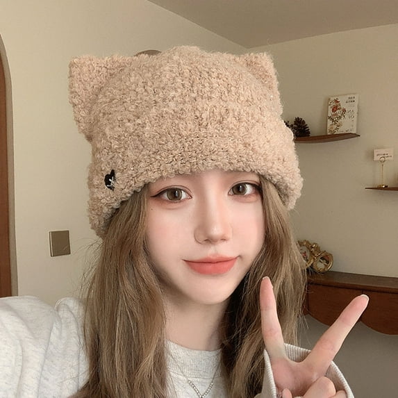 Idoravan Beanie Hats for Women Winter, Winter Knitted Hats Fashion Cold Hat Cute Outdoor Warmth Thick Woolen Hats Khaki