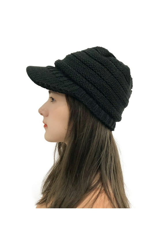 Beanie Hats for Women Winter, Women Stitching Outdoor Plush Hats Crochet Knit Beanie Cap Peaked Cap Black