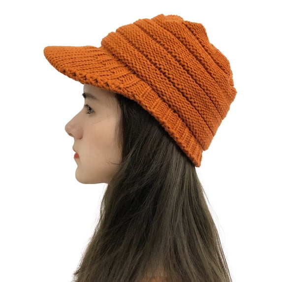 Idoravan Beanie Hats for Women Winter, Women Stitching Outdoor Plush Hats Crochet Knit Beanie Cap Peaked Cap Orange