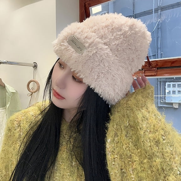 Idoravan Beanie Hats for Women Winter, Women's Fashion Winter Hat Thickened Cold Warm Ear Protection Plush Hat Windproof Cap Knitted Wool Hat Beige