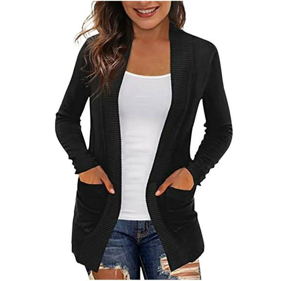Idoravan Black Cardigan for Women Fashion Women's Casual Long Sleeve Solid Pocket Ladies Blouse Coat Outwear Jacket