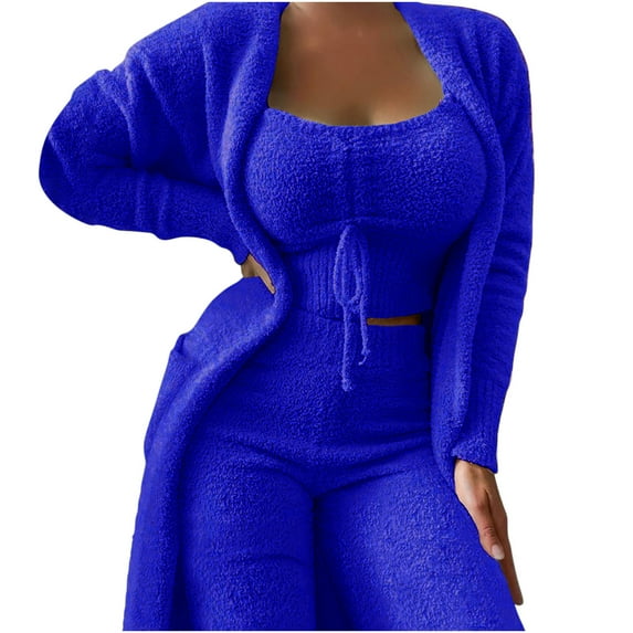 Idoravan Clothes Womens Sets Clothing Women's Casual Solid Vests and Long Sleeve Overcoat Tops and Long Pants Suits Pajamas 3-piece Set Blue XXL