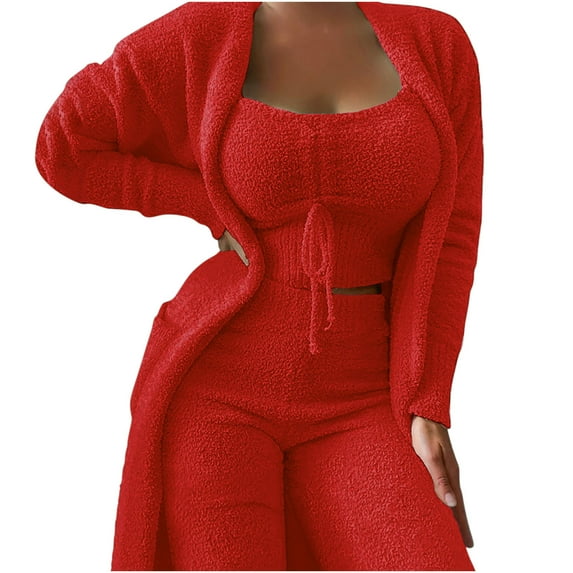 Idoravan Black and Friday Deals Womens Sets Clothing Clearance Women's Casual Solid Vests and Long Sleeve Overcoat Tops and Long Pants Suits Pajamas 3-piece Set Red M