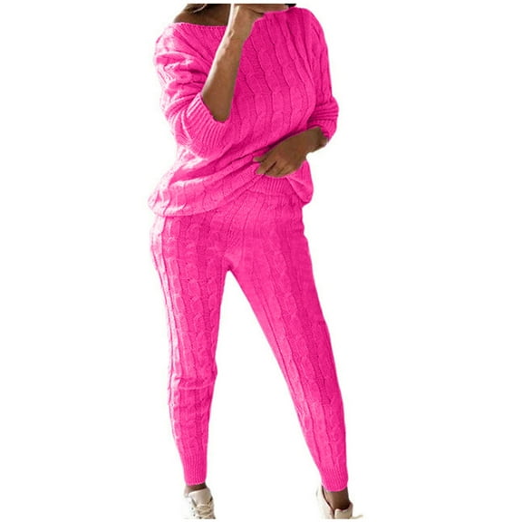 Idoravan Clothes Womens Sets Clothing Womens Solid Color Off Shoulder Long Sleeve Cable Knitted Warm Two-Piece Long Pants Sweater Suit Set Hot Pink XXXXXL