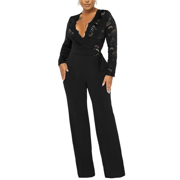 Idoravan Black Jumpsuit for Women Long Sleeve Fashion Jumpsuit for Women Jumpsuit for Women Long Sleeve Women Solid Color Sexy Long Sleeved V-neck Lace Splicing Jumpsuit Pants