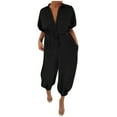 thumbnail image 1 of Idoravan Black Jumpsuit for Women Casual Women Leopard Print Lapel Slim Long Button Rompers Short Sleeve Jumpsuits, 1 of 5