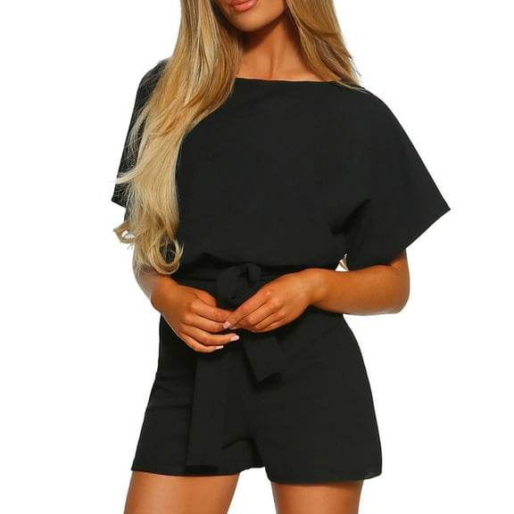 Idoravan Black Jumpsuit for Women Casual Womens Short Sleeve Wide Leg Pants Short Jumpsuit Strappy Playsuit