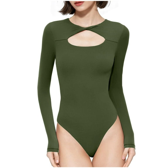 Idoravan Bodysuits for Women Long Sleeve,Women's Long Sleeved Versatile Solid Color Fashion Tight Fitting Cutout Jumpsuit Green XXL