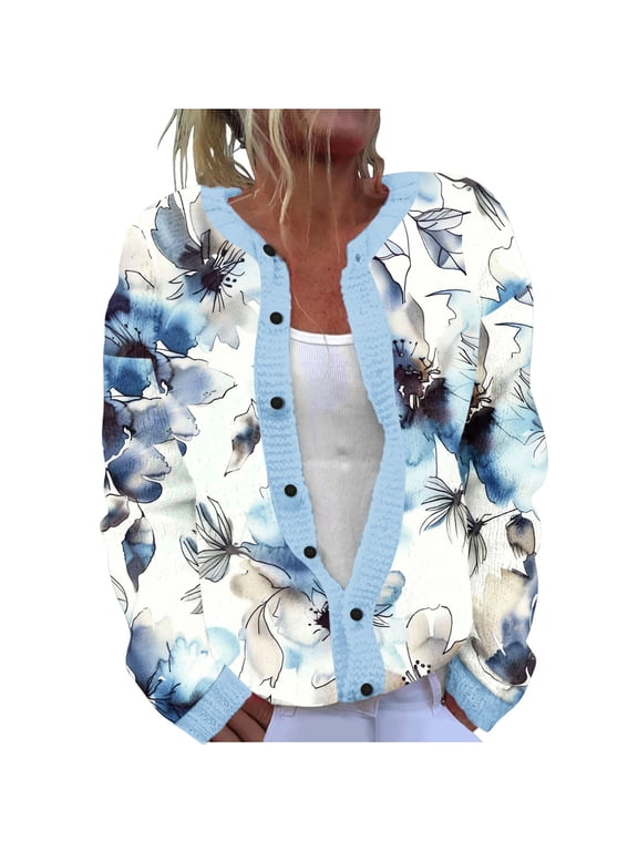 Button Down Cardigan Sweaters for Women Plus Size Ladies' Casual Floral Printed Knitted Cardigan With Button Up Jacket And Top Multicolor XXXXL