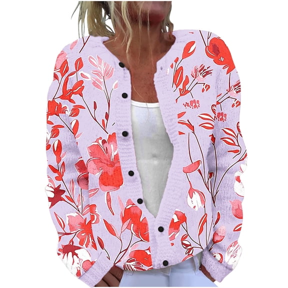 Idoravan Button Down Cardigan Sweaters for Women Plus Size Ladies' Casual Floral Printed Knitted Cardigan With Button Up Jacket And Top Multicolor XXXXL