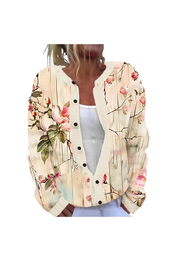 Button Down Cardigan Sweaters for Women Plus Size Ladies' Casual Floral Printed Knitted Cardigan With Button Up Jacket And Top Multicolor XXXXL